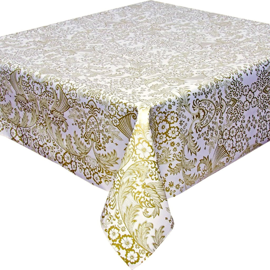 square toile gold oilcloth tablecloth with a simple hem