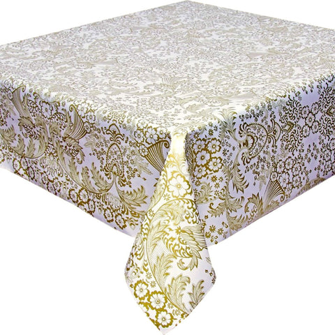 square toile gold oilcloth tablecloth with a simple hem
