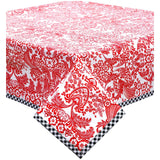 square toile red oilcloth tablecloth with black gingham trim