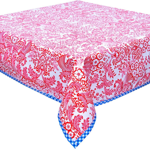 square toile red oilcloth tablecloth with blue gingham trim