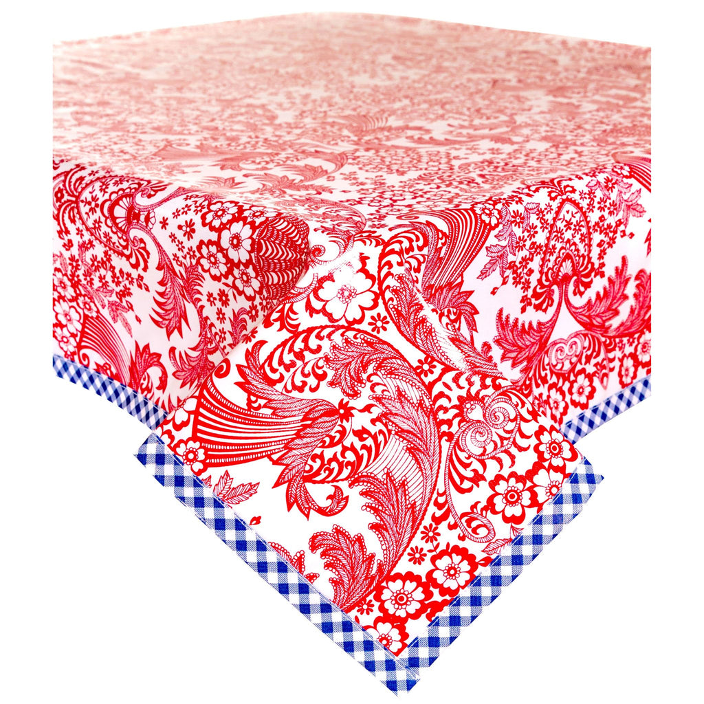 freckled sage toile red oilcloth tablecloth with navy blue gingham trim