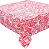 square toile red oilcloth tablecloth with red gingham trim