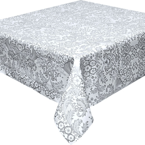 freckled sage toile silver oilcloth tablecloth with a simple hem