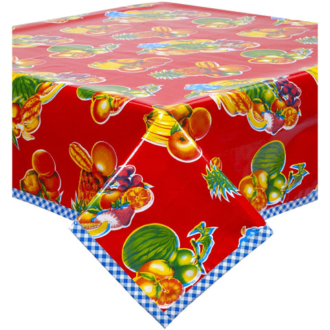freckled sage tropical fruit red oilcloth tablecloth with blue gingham trim