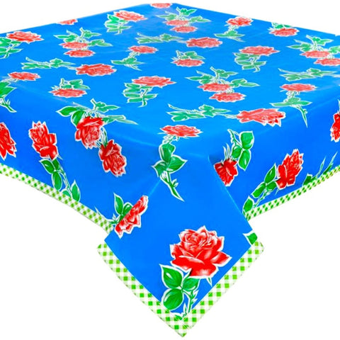 freckled sage vintage rose blue oilcloth tablecloth with lime green gingham trim
