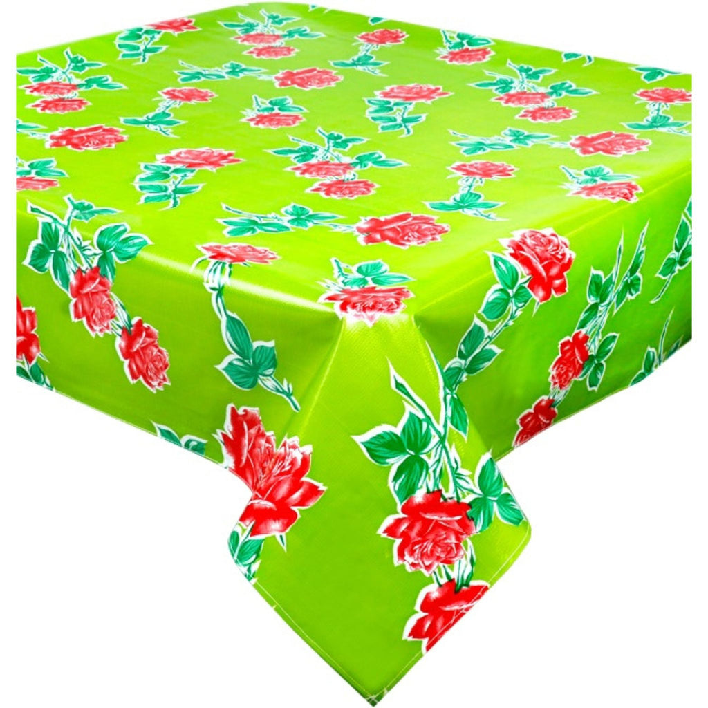 vintage roses lime green oilcloth tablecloth with a simple hem