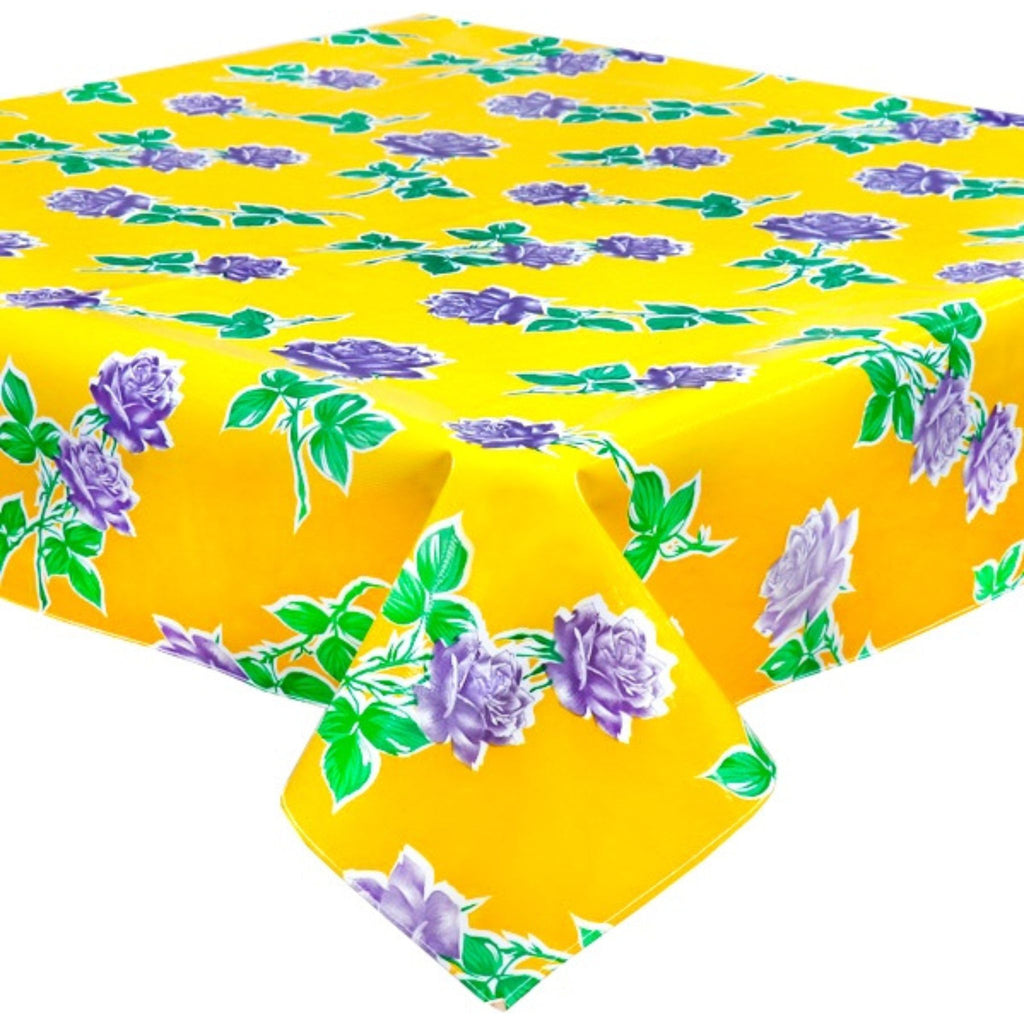 vintage rose yellow oilcloth tablecloth with a simple hem