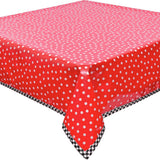 dot white on red oilcloth tablecloth with green gingham trim