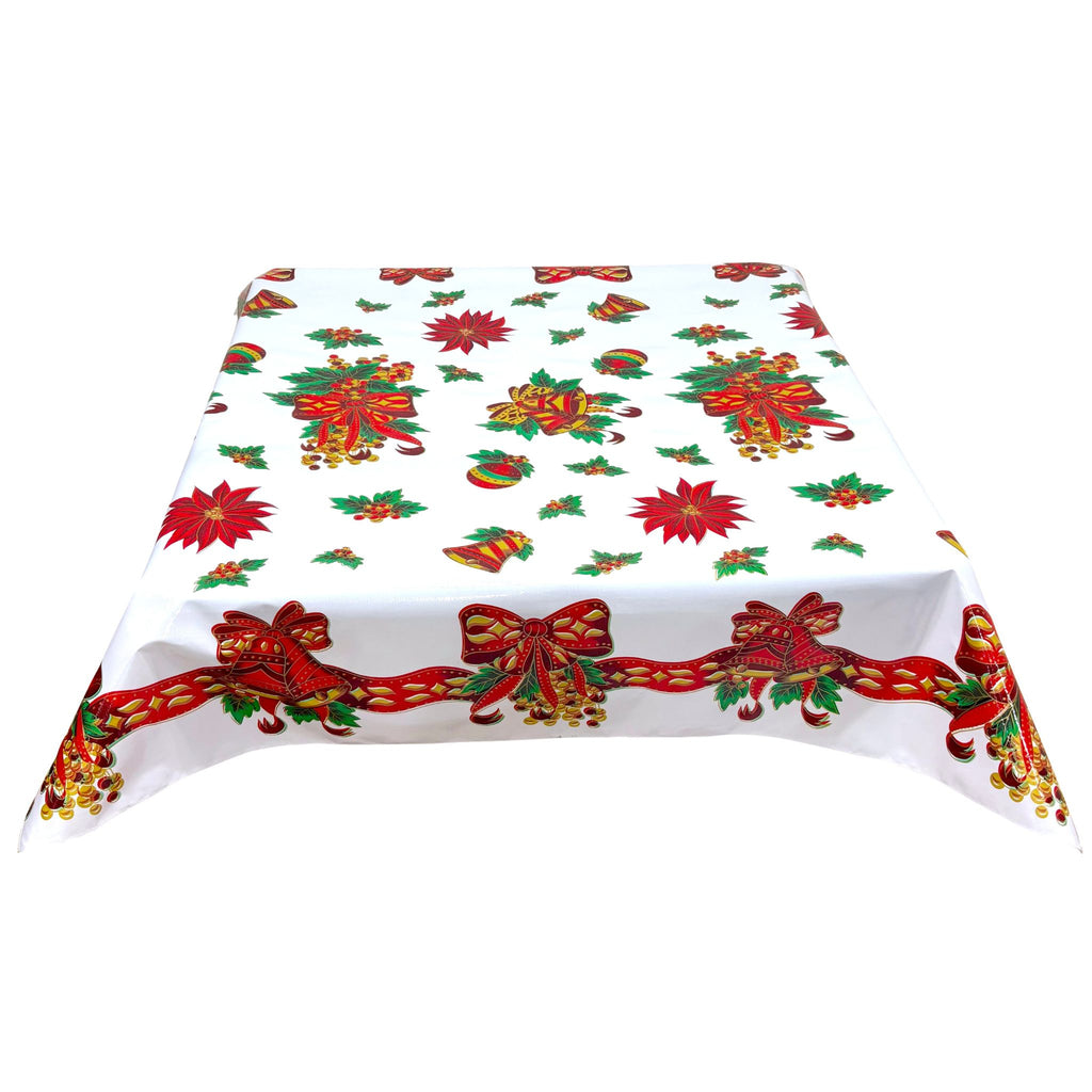 freckled sage christmas bells and bows white oilcloth tablecloth with a simple hem