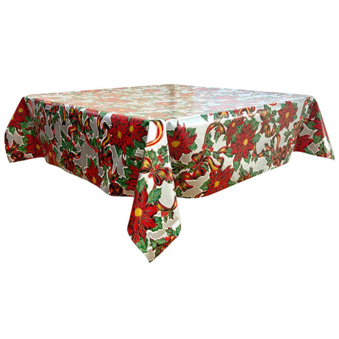 christmas ribbons and holly silver oilcloth tablecloth