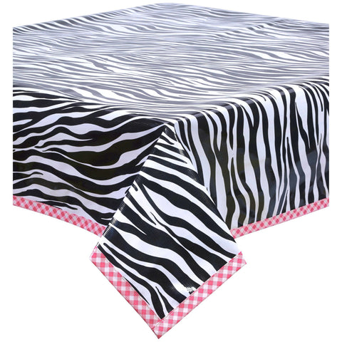 freckled sage zebra black and white oilcloth tablecloth with pink gingham trim
