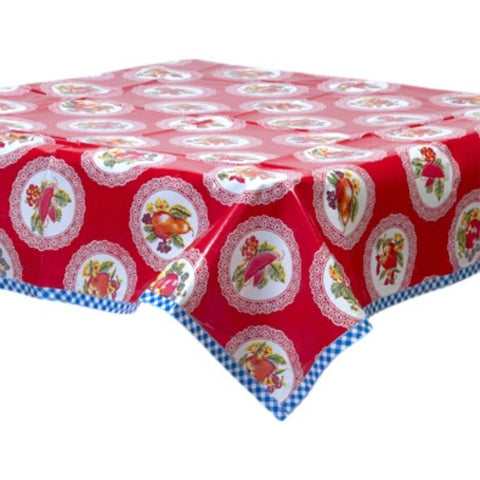 square doily red oilcloth tablecloth with blue gingham trim