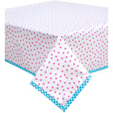 dot pink oilcloth tablecloth with light blue gingham trim