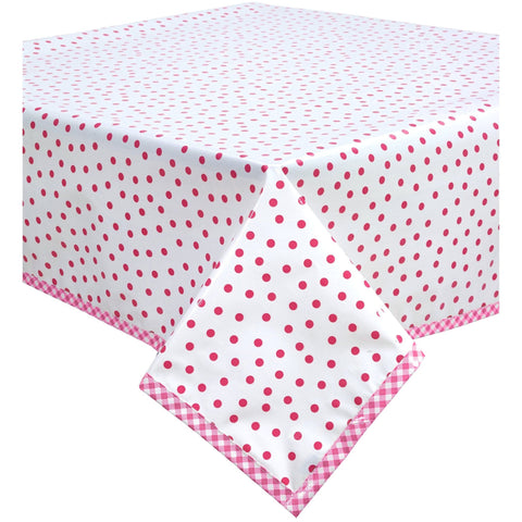 dot pink oilcloth tablecloth with pink gingham trim