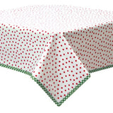 dot red oilcloth tablecloth with green gingham trim