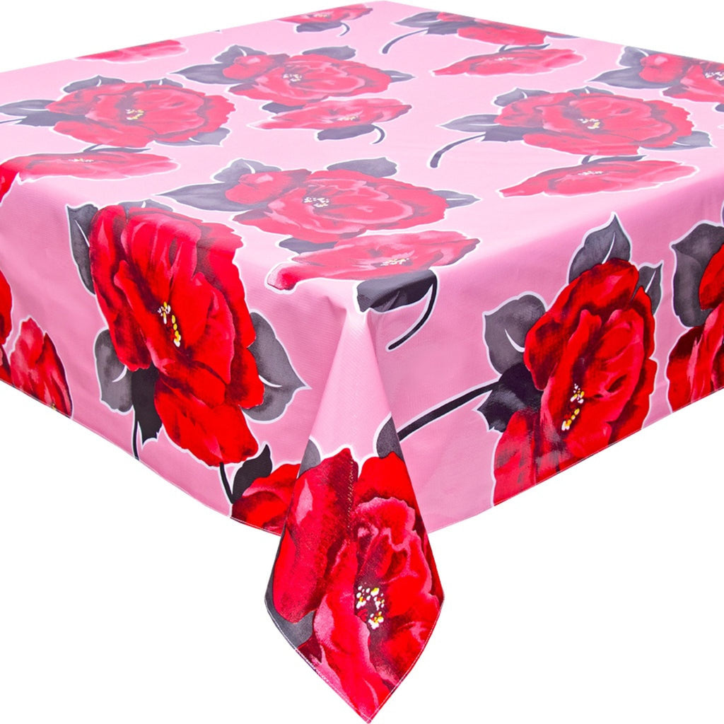 square gardenia pink oilcloth tablecloth with a simple hem