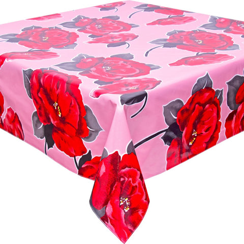 square gardenia pink oilcloth tablecloth with a simple hem