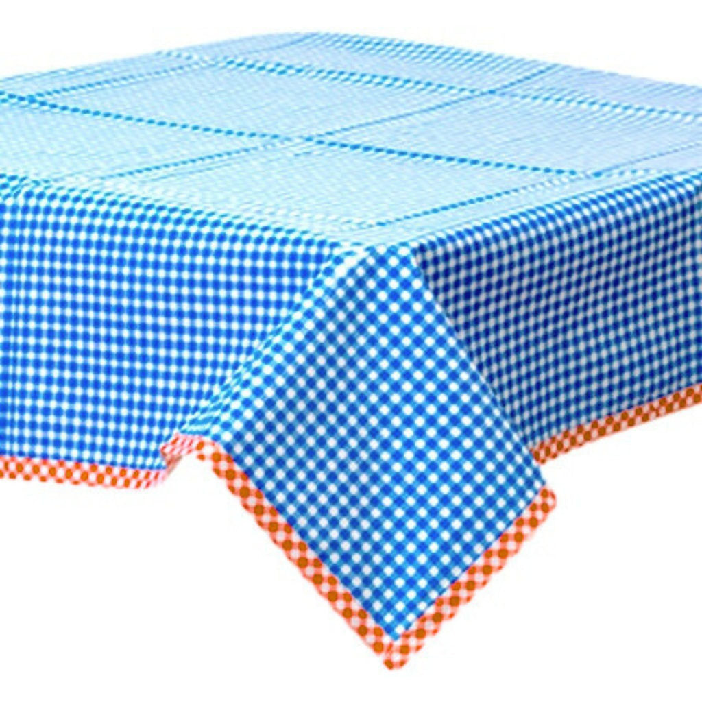 freckled sage blue gingham oilcloth tablecloth with orange gingham trim