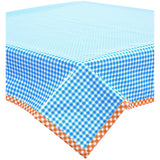 gingham light blue oilcloth tablecloth with orange gingham trim