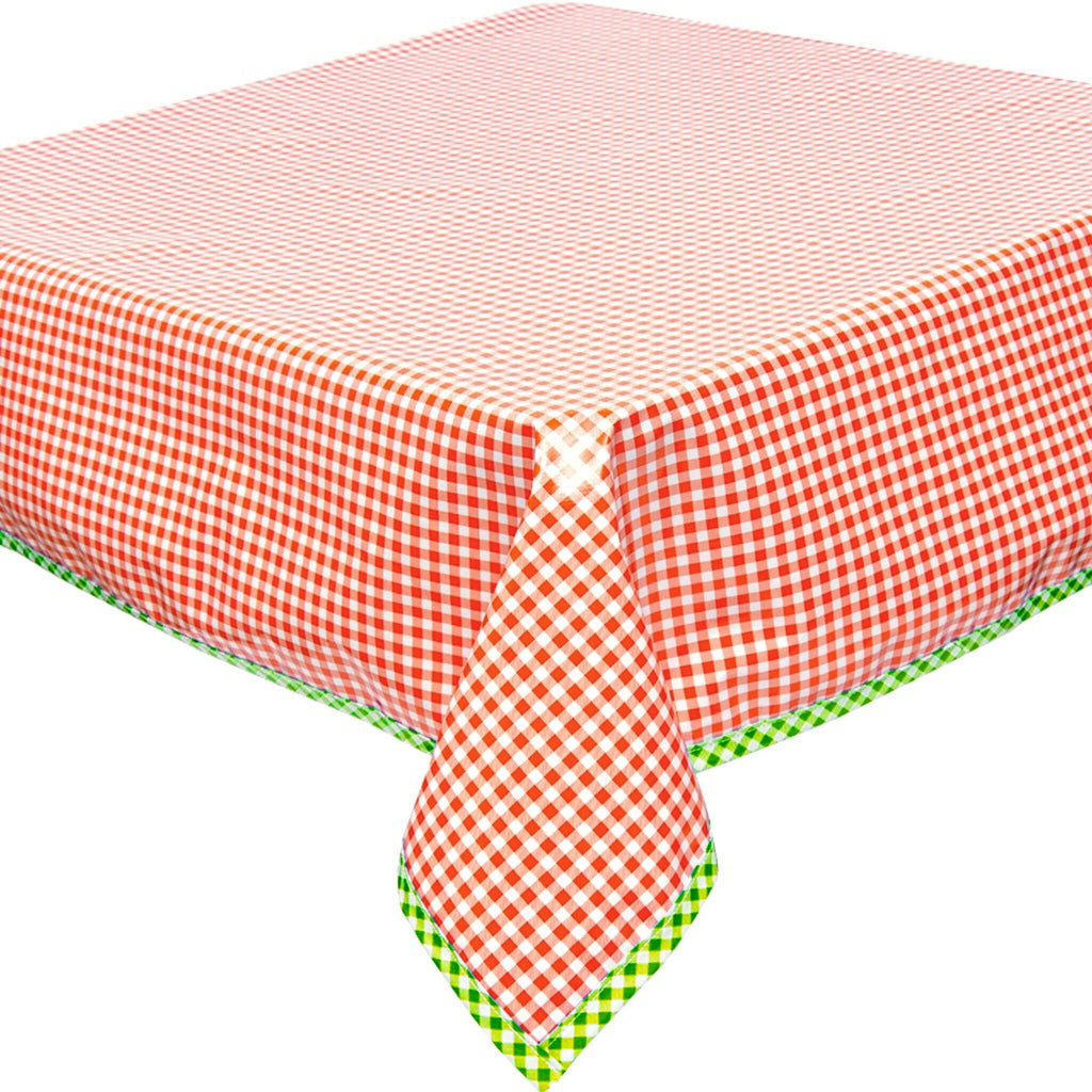 freckled sage gingham orange oilcloth tablecloth with lime gingham trim
