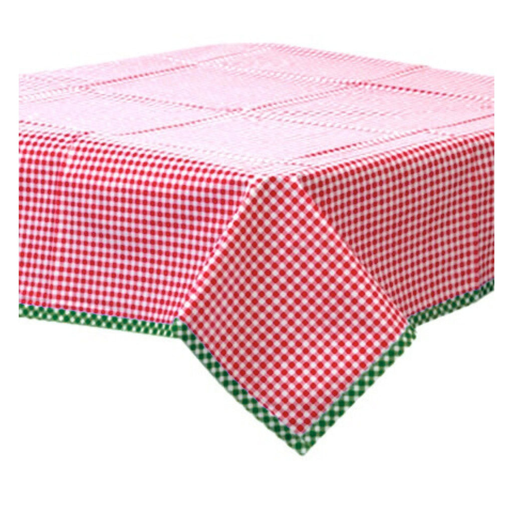 red gingham oilcloth tablecloth with green gingham trim