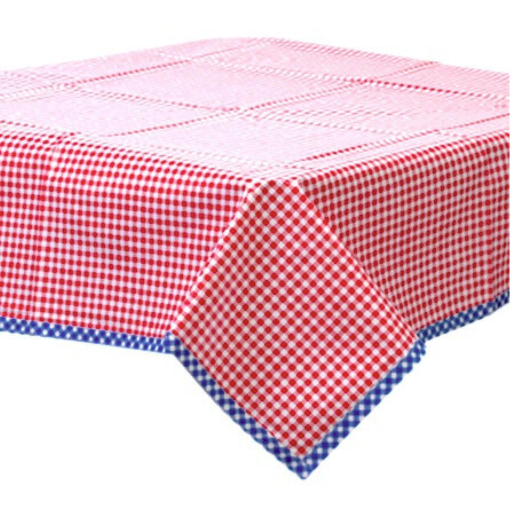freckled sage gingham red oilcloth tablecloth with navy blue gingham trim