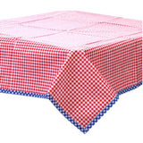 square red gingham oilcloth tablecloth with navy blue gingham trim
