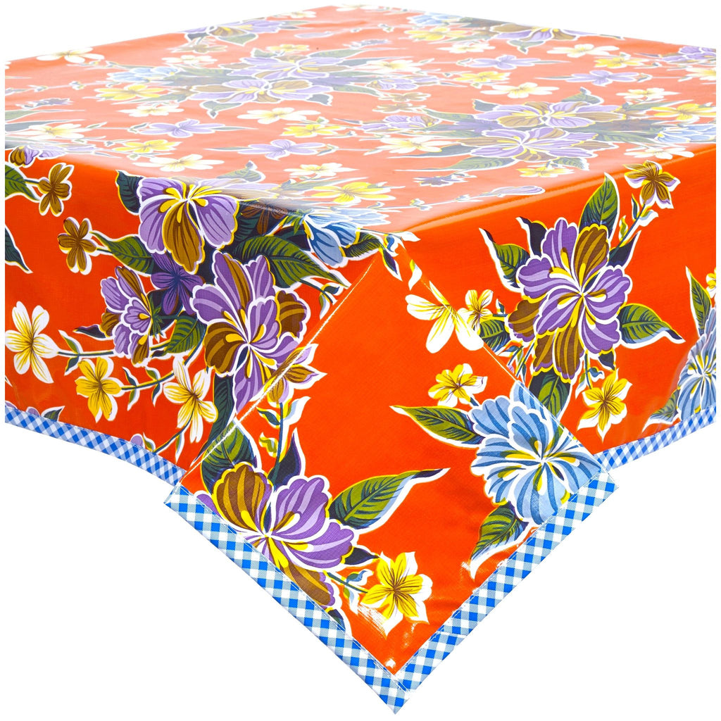 hawaii orange oilcloth tablecloth with blue gingham trim