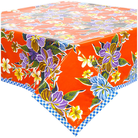 hawaii orange oilcloth tablecloth with blue gingham trim