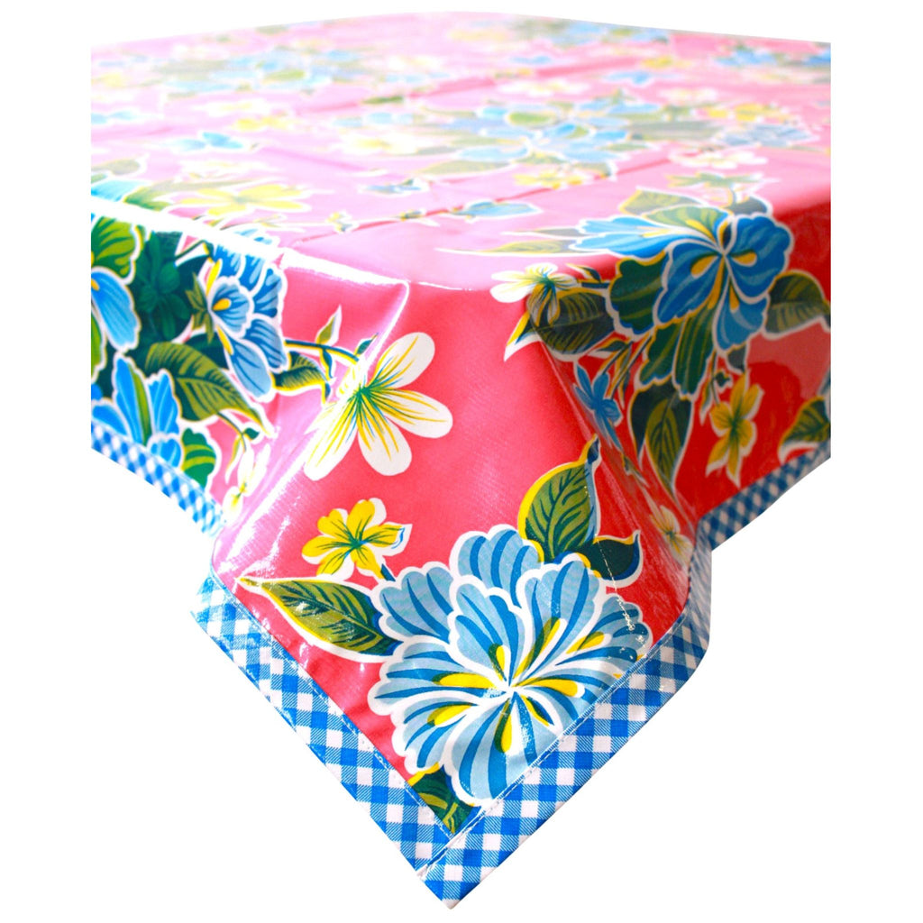 square hawaii pink oilcloth tablecloth with blue gingham trim