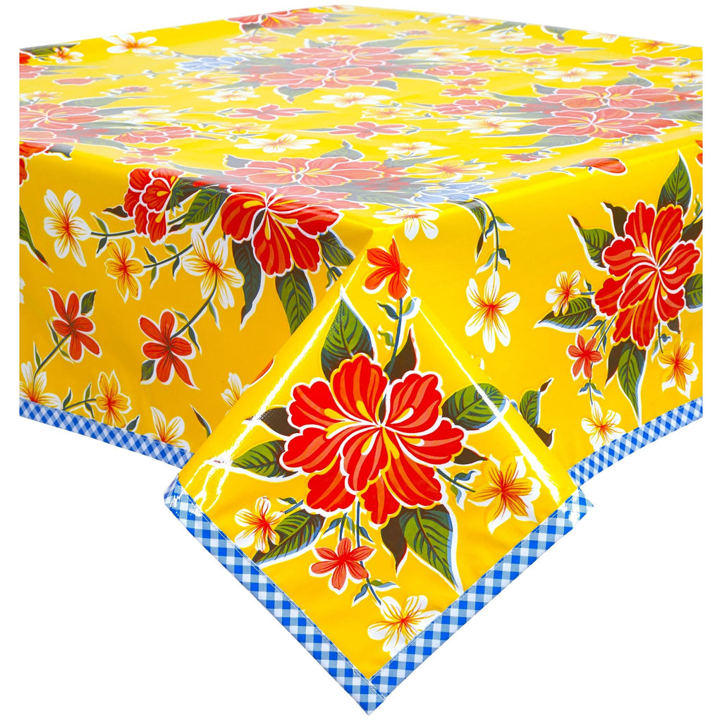 freckled sage hawaii yellow oilcloth tablecloth with blue gingham trim