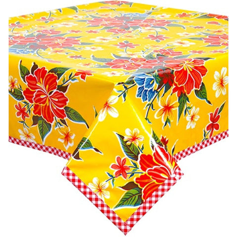 square hawaii yellow oilcloth tablecloth with red gingham trim