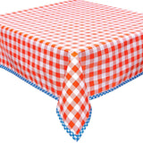 large gingham orange oilcloth tablecloth with blue gingham trim