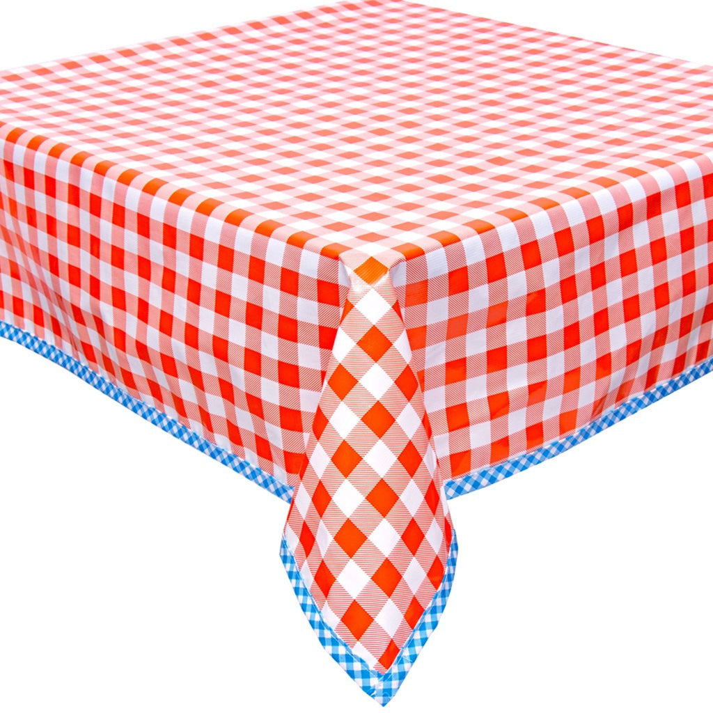 large gingham orange oilcloth tablecloth with light blue gingham trim