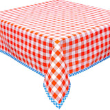 large gingham orange oilcloth tablecloth with light blue gingham trim