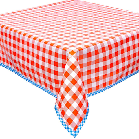 large gingham orange oilcloth tablecloth with light blue gingham trim