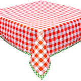 large gingham orange oilcloth tablecloth with lime green gingham trim