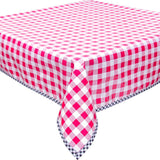 large gingham pink oilcloth tablecloth with black gingham trim