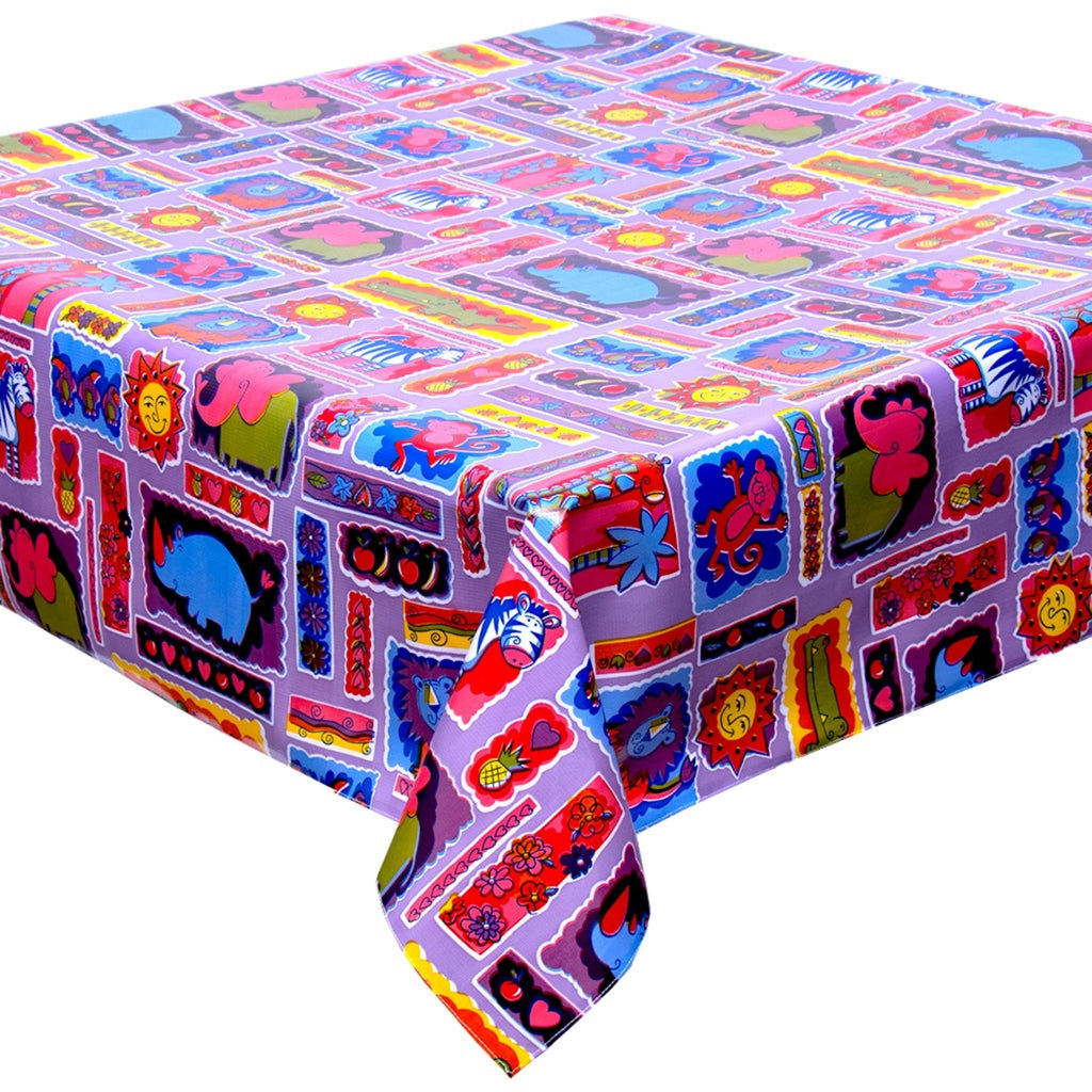 square menagerie purple oilcloth tablecloth with a simple hem
