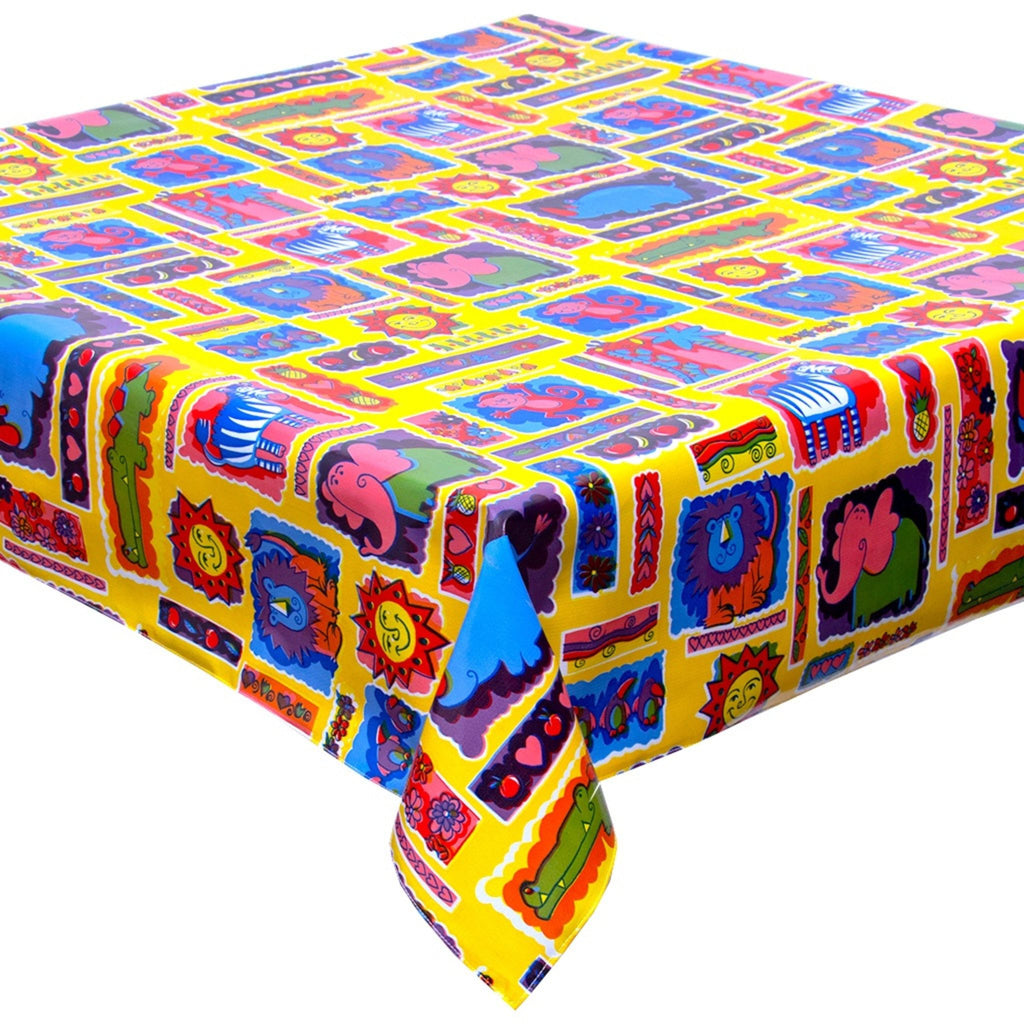 square menagerie yellow oilcloth tablecloth with a simple hem