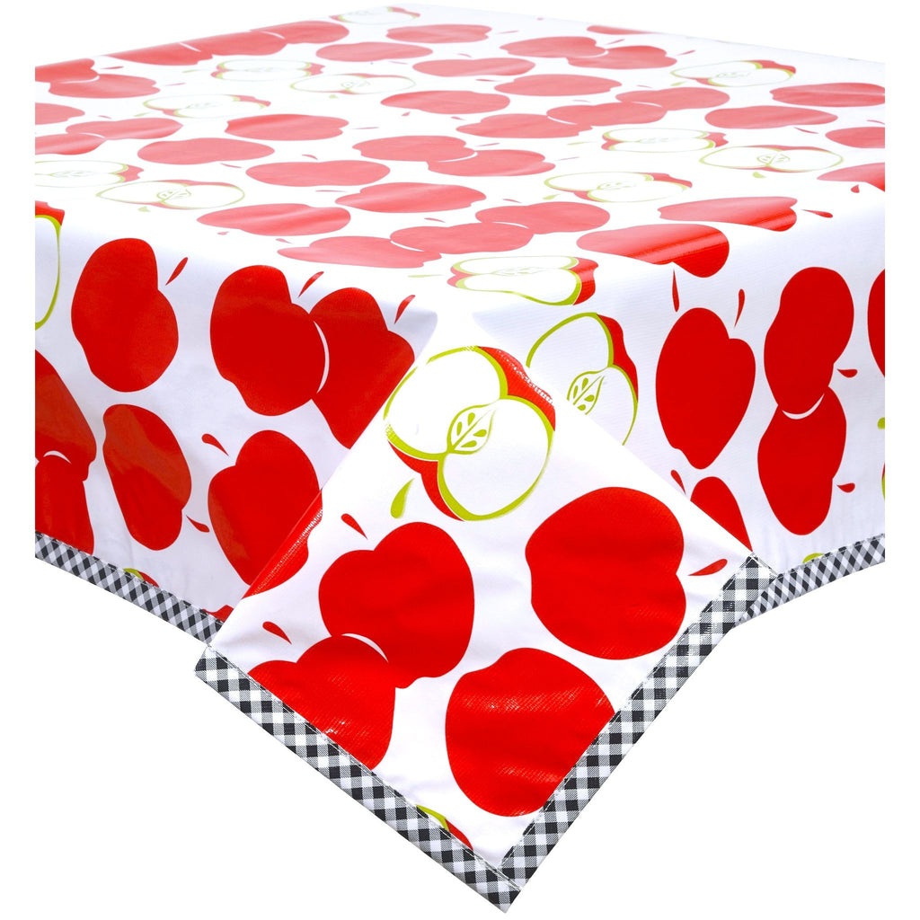 freckled sage mod apple red oilcloth tablecloth with black gingham trim