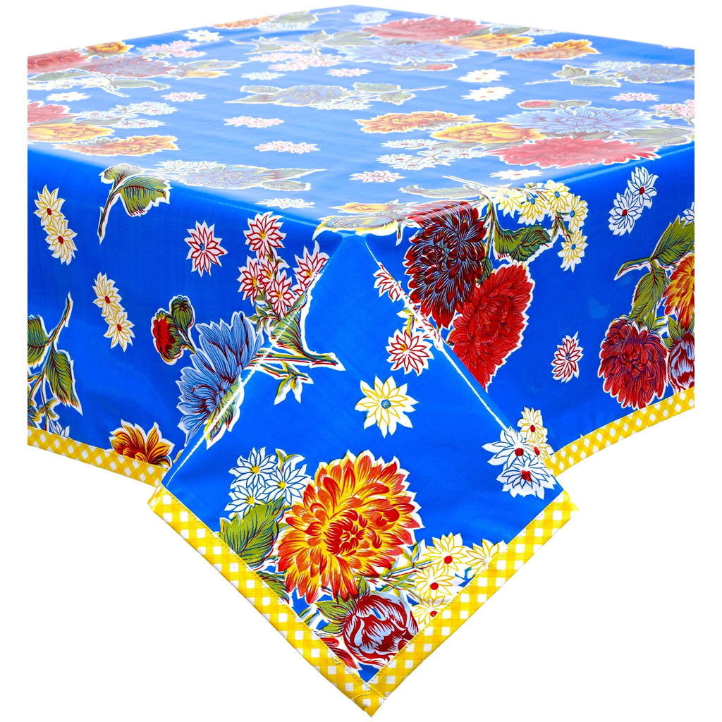 mum blue oilcloth tablecloth with yellow gingham trim
