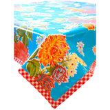 mum light blue oilcloth tablecloth with red gingham trim