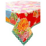 mum red oilcloth tablecloth with green gingham trim