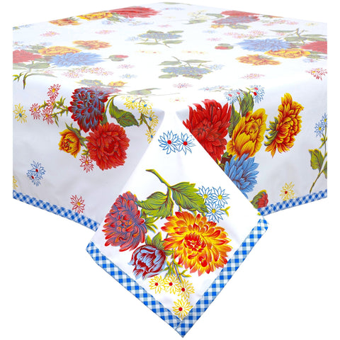 mum white oilcloth tablecloth with blue gingham trim