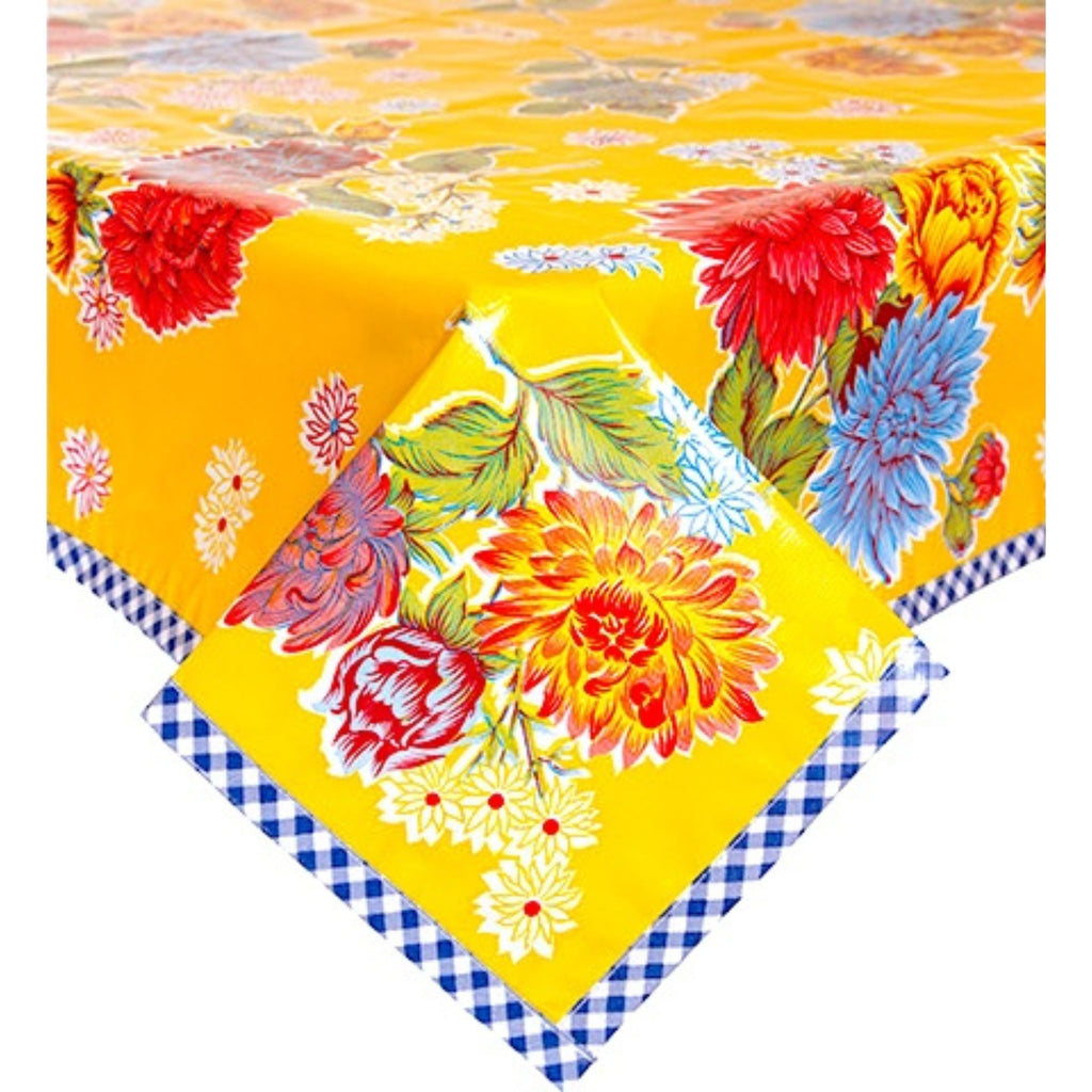 mum yellow oilcloth tablecloth with navy gingham trim