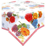 mum white oilcloth tablecloth with red gingham trim