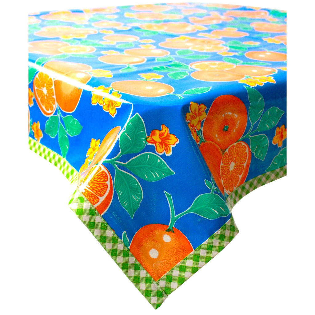 oranges blue oilcloth tablecloth with lime green gingham trim