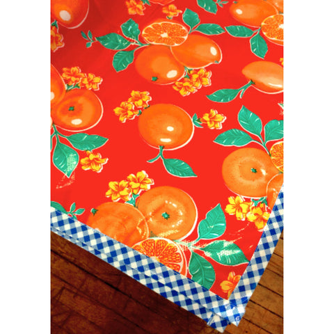 oranges red oilcloth tablecloth with navy blue gingham trim