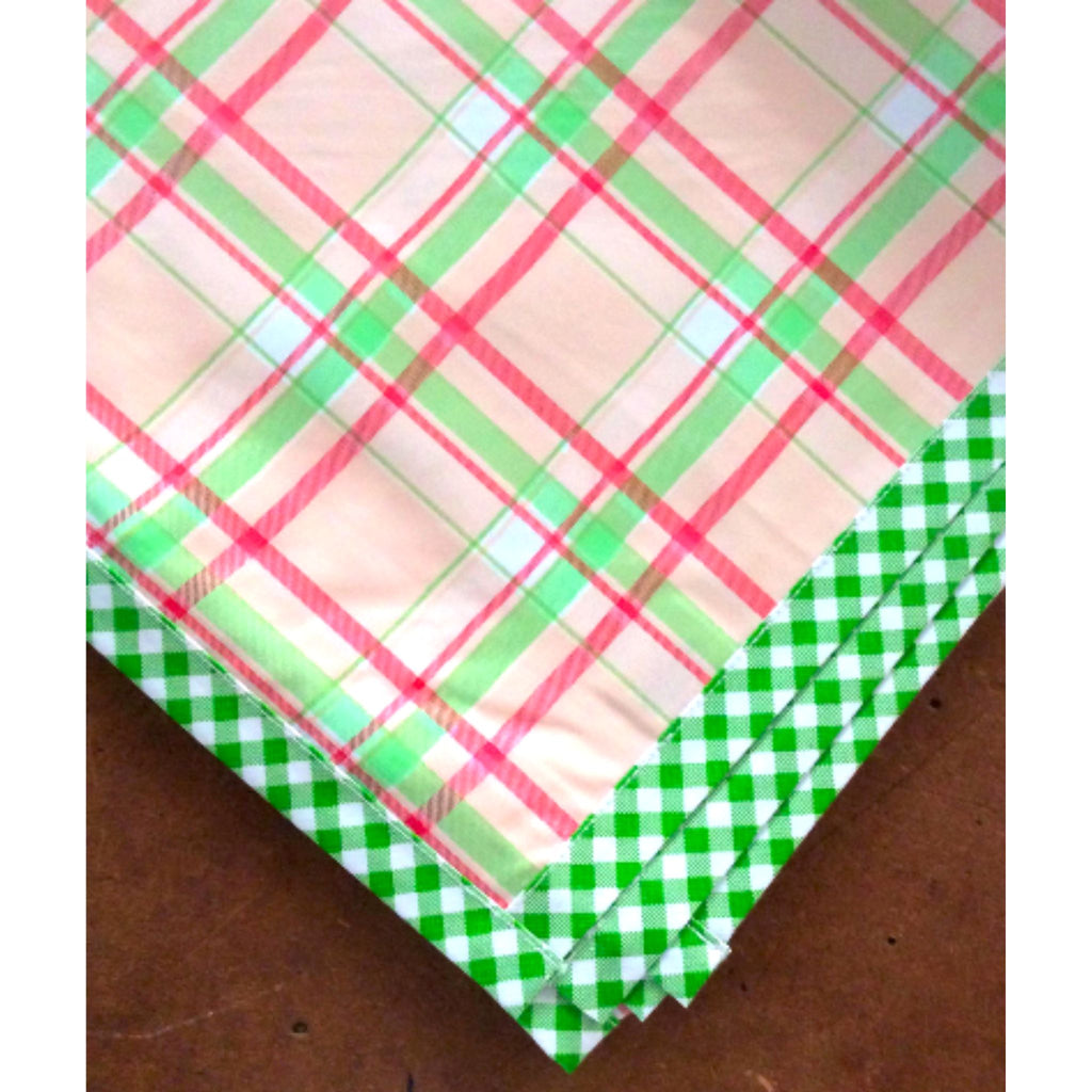 plaid pink and lime green oilcloth tablecloth with lime green gingham trim
